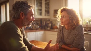 Couple sitting across from each other at a kitchen table, one speaking earnestly with open hands while the other listens