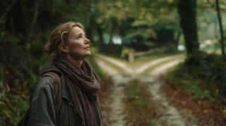 Woman standing at a fork in a wooded path with a thoughtful expression, representing the difficulty of making a relationship decision