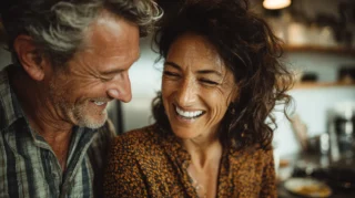 Couple laughing together while cooking in a kitchen, representing the positive interactions Gottman's 5:1 ratio describes
