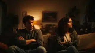 Couple sitting on opposite ends of couch looking away from each other showing emotional distance and relationship conflict