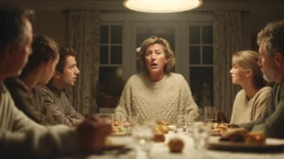 Family gathering where one person speaks emphatically at the head of the table while others show tense or withdrawn expressions