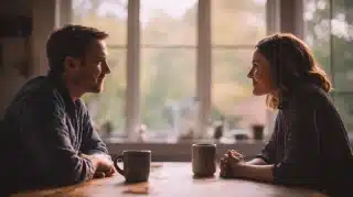 Two partners sitting at a table leaning toward each other in engaged conversation, demonstrating accepting influence through attentive listening and open body language