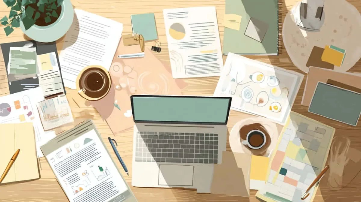 Cluttered wooden desk with an open laptop, pen, and assorted worksheets in soft morning light, representing free mental health resources