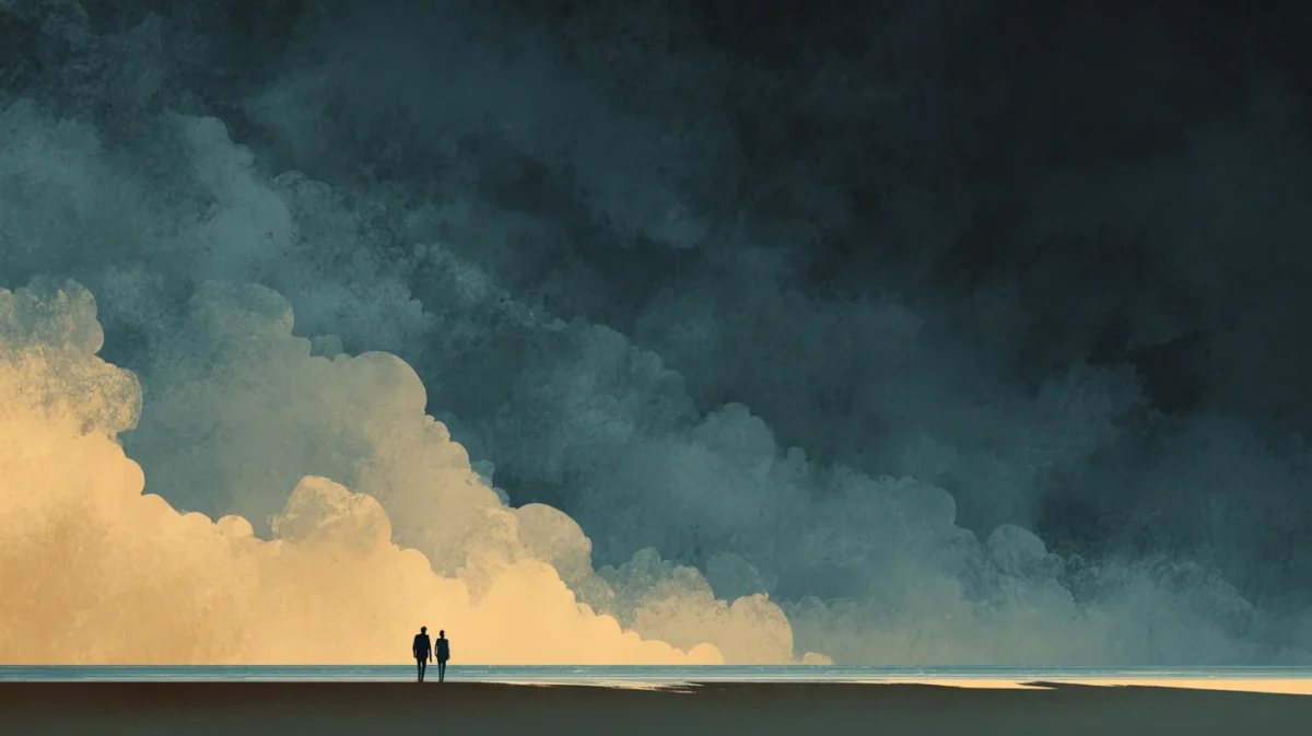Illustration of two people standing side by side on a shoreline, facing an enormous approaching storm with dramatic layered clouds and warm golden light at the base