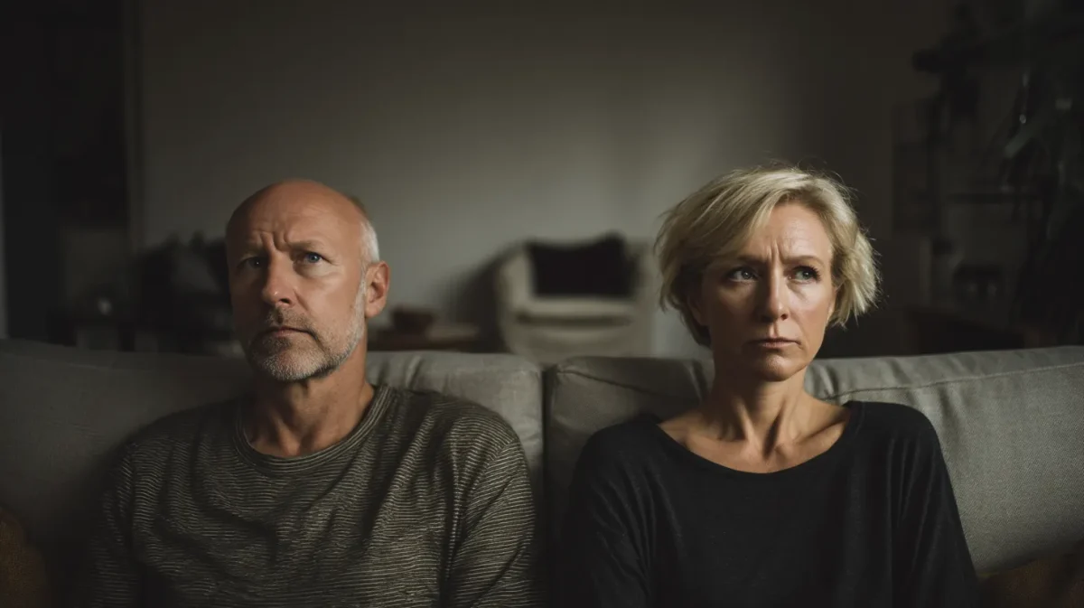A couple in their late 40s sitting together on a couch in separate silence, both lost in thought.