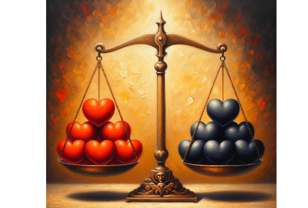 Oil painting of a beautifully designed scale on an intricate table.