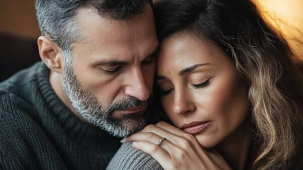 couple in their mid-40's comforting each other after an argument