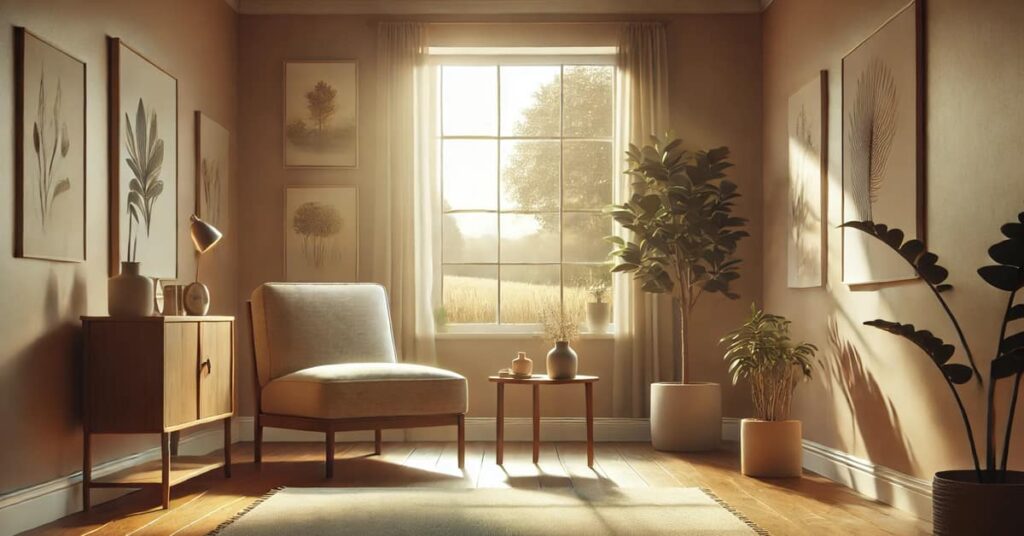 Serene therapy room with natural light, offering a calming space for anxiety treatment