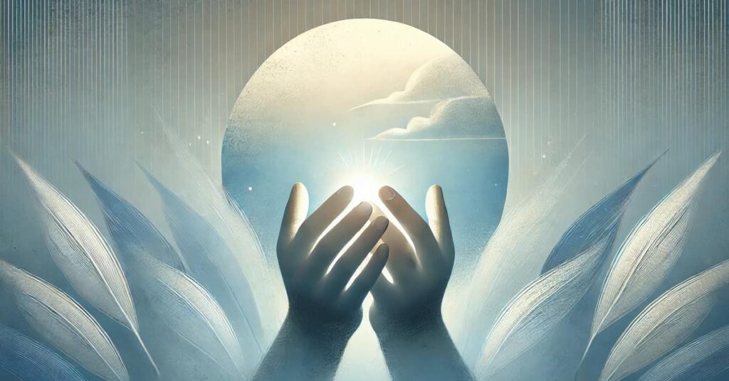 A serene and calming image with soft blue and gray tones, depicting two hands gently holding a soft light, symbolizing guidance, support, and care