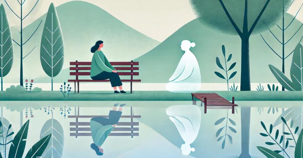 Calm woman sitting on a bench in a peaceful park, thoughtfully responding to a smaller, shadowy female figure representing her inner IFS part, symbolizing self-compassion and mindfulness.