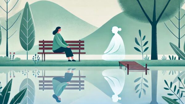 Calm woman sitting on a bench in a peaceful park, thoughtfully responding to a smaller, shadowy female figure representing her inner IFS part, symbolizing self-compassion and mindfulness.