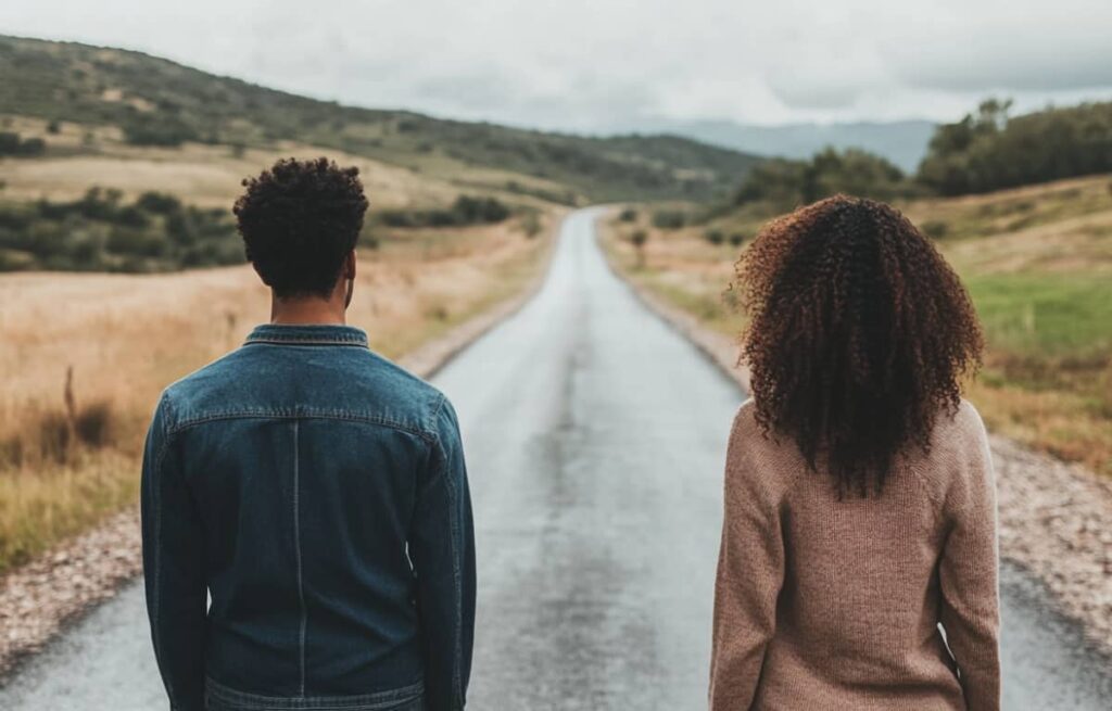 A couple standing before a road, needing to make a choice